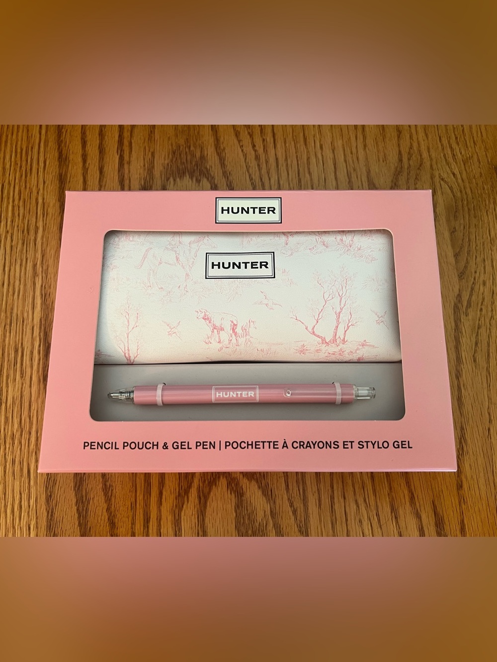 Hunter Pink and White Pencil Pouch with Matching Pink Gel Pen in Gift Box